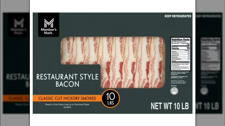A black box of Member's Mark restaurant-style bacon on a white background with a mirror border