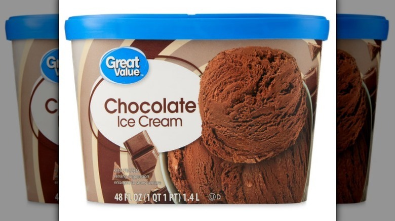 Great Value chocolate ice cream on white background