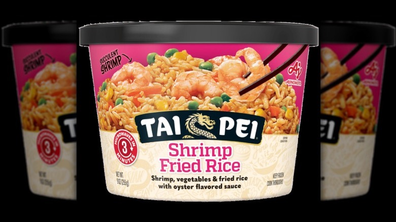 A container of frozen Shrimp Fried Rice by Tai Pei