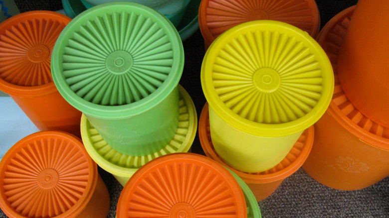 Colorful tupperware containers stacked