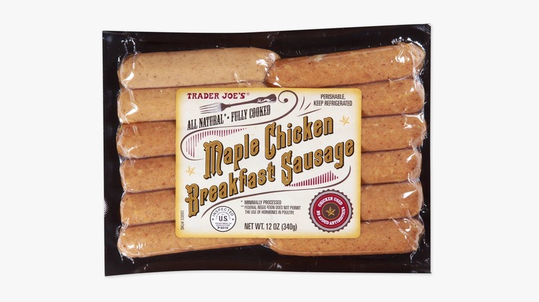 Package of All Natural Fully Cooked Maple Chicken Breakfast Sausage against a white background.