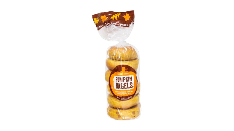 Bag of six Pumpkin Bagels with an orange and brown label with a pumpkin on it against a white background.