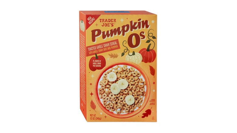 Box of Pumpkin O's Cereal in an orange box against a white background.