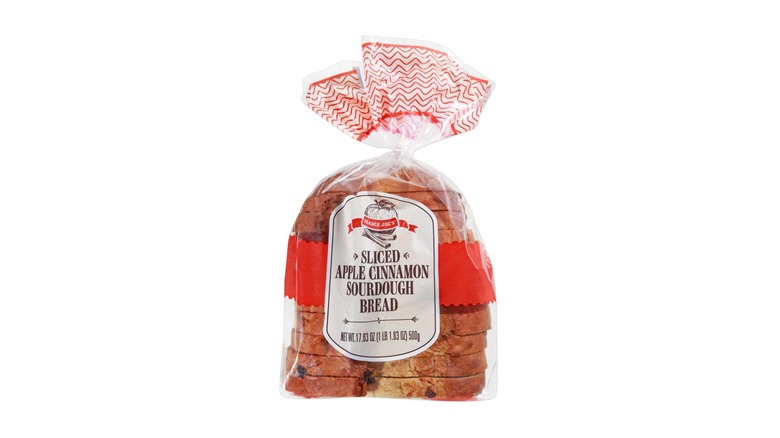 Bag of Sliced Apple Cinnamon Sourdough Bread against a white background.