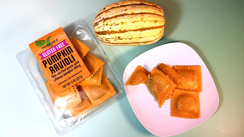 Top view of package and plate of ravioli