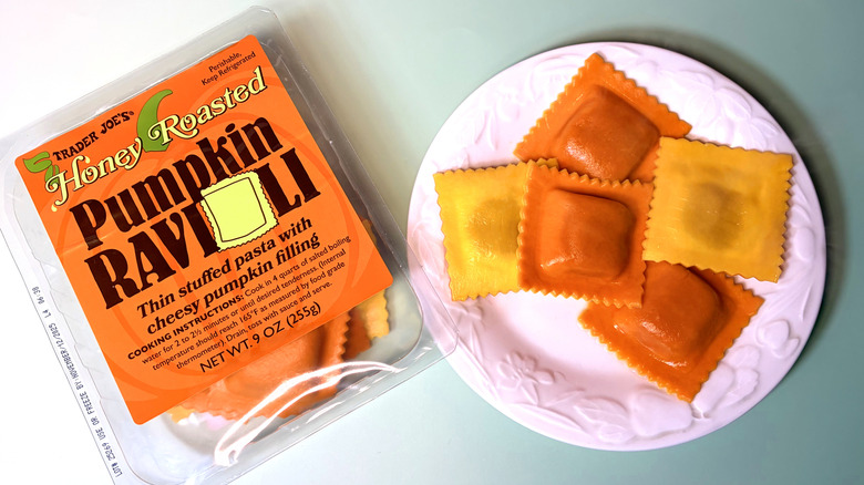 Top view of package and plate of pumpkin ravioli