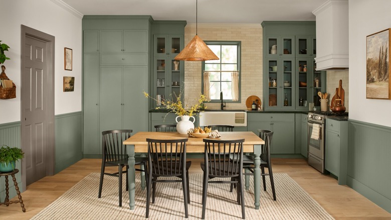 Kitchen cabinets painted in Valspar Warm Eucalyptus