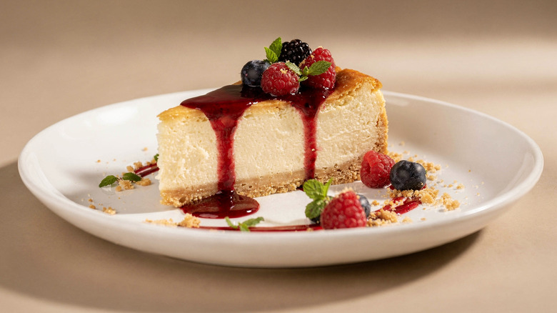 A slice of baked cheesecake topped with coulis and fresh berries on a white plate