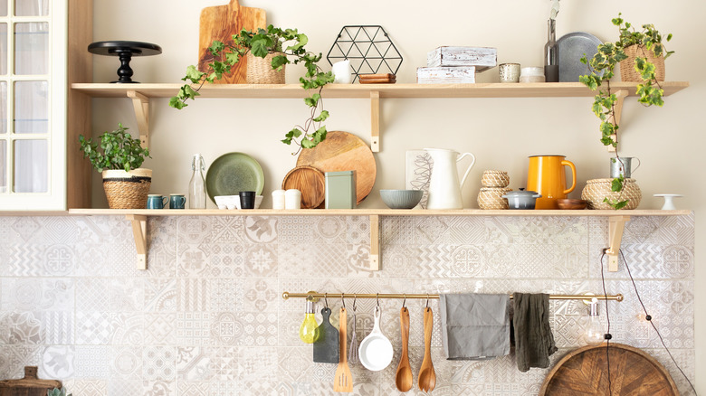 Bright kitchen with open upper shelving