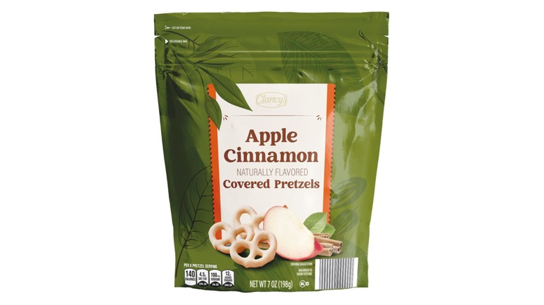 A bag of Clancy's Apple Cinnamon Yogurt Covered Pretzels