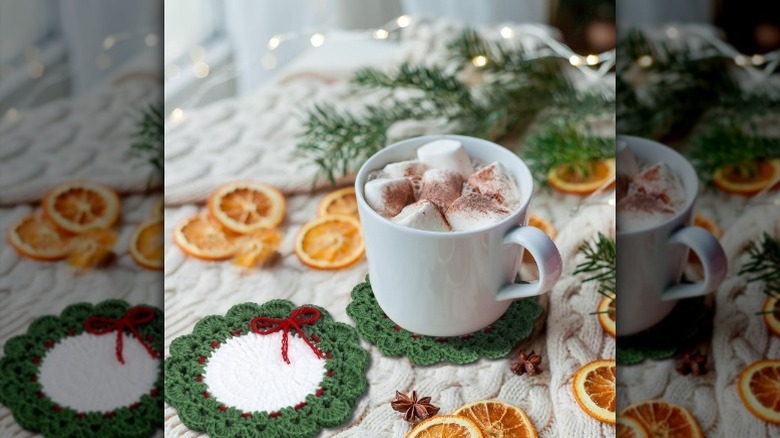 Christmas crochet coaster with hot cocoa