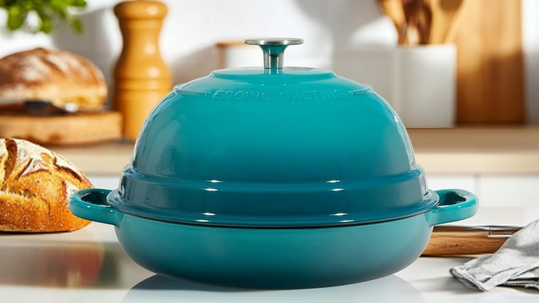 Teal colored dome dutch oven baker