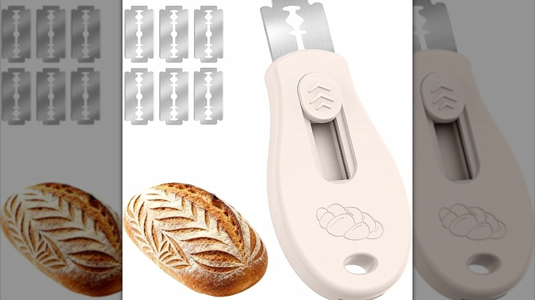 lame tool with extra razors and loaf of baked bread with design