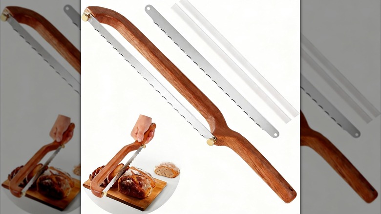 Bread slicing knife next to hand using the tool on bread loaf