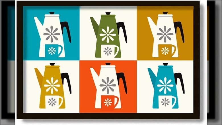 art with six colorful percolators and mugs