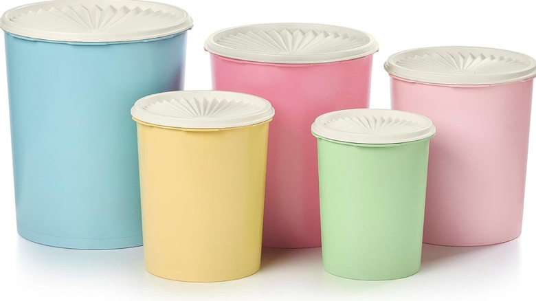 set of five pastel colored Tupperware canisters
