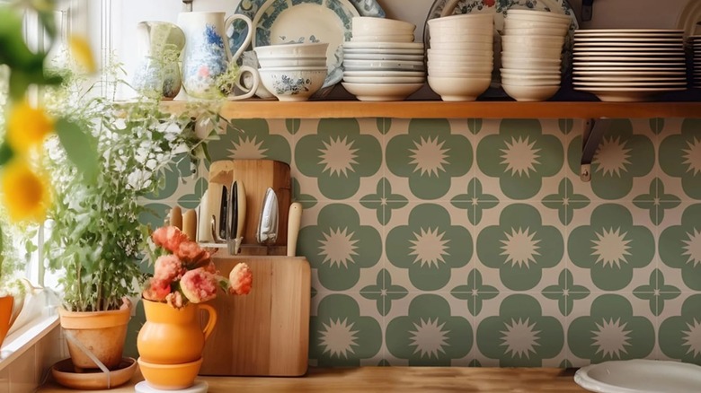 Kitchen counter set up with '70s style tile backsplash