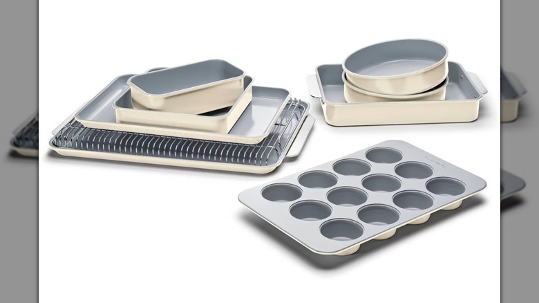 A cream Caraway Home 11-Piece Bakeware Set on a white background