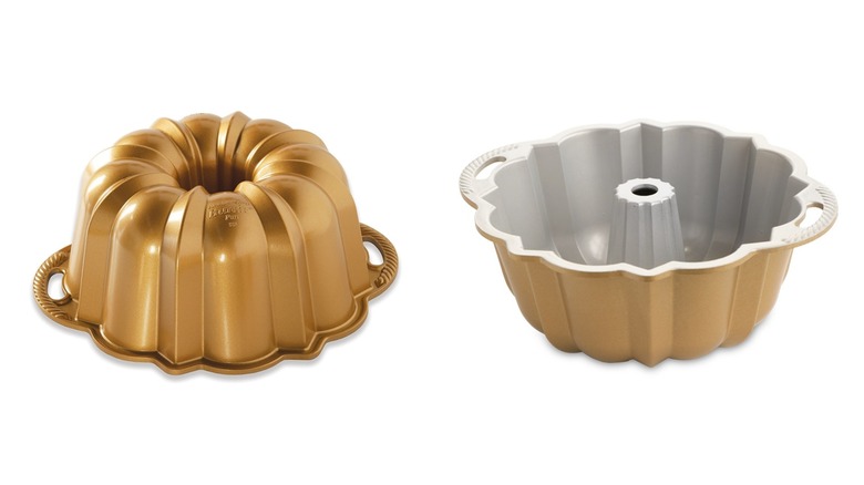 Two different views of a gold Nordic Ware Anniversary Bundt Pan on a white background