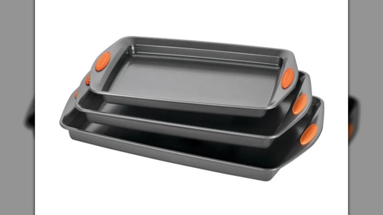 A Rachael Ray Nonstick Bakeware Baking Sheet Set of three on a white background