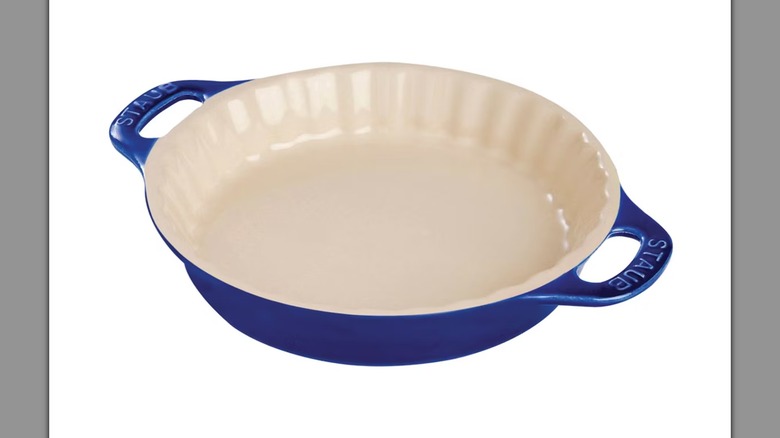 A Staub Ceramic 9-Inch Pie Dish in blue on a white background