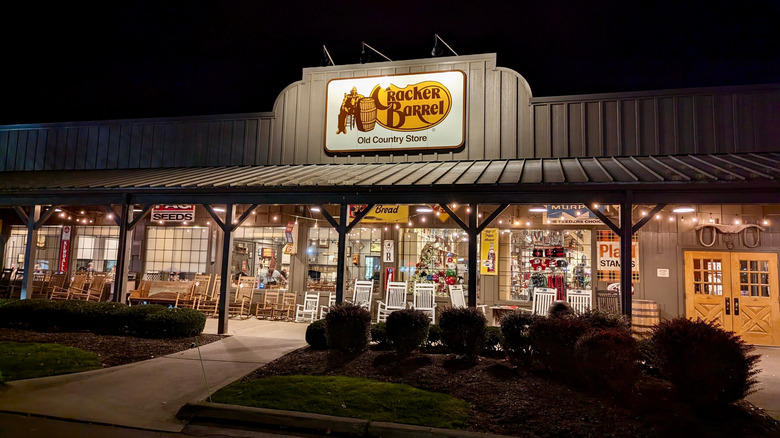 Outside a Cracker Barrel at night