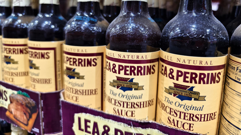 Lea and Perrins Worcestershire sauce on a grocery store shelf