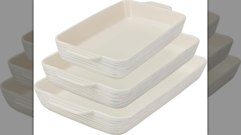 Pyrex ceramic bakeware dishes set on a white background