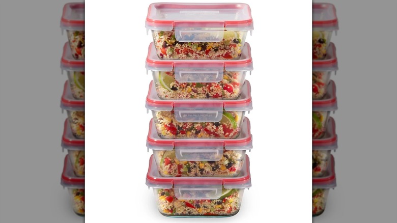 Pyrex Freshlock glass food storage containers on a white background