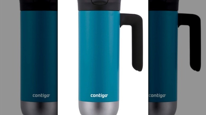 Teal Contigo travel mug with handle on white background