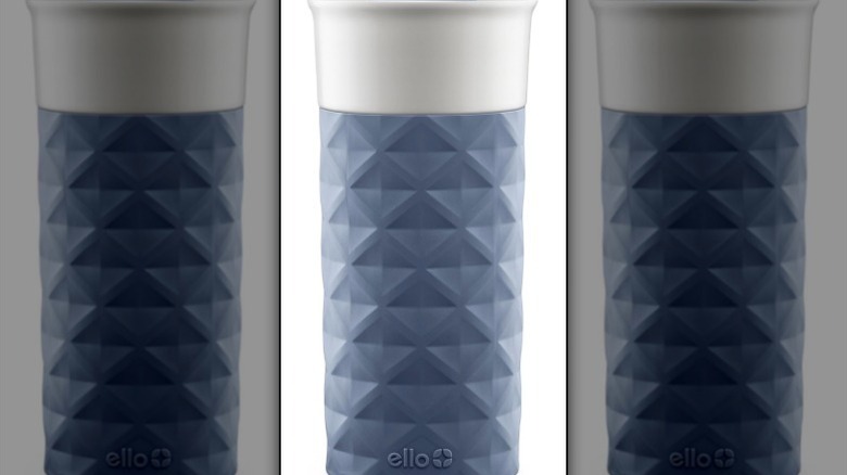 Blue crosshatch ceramic mug on white background