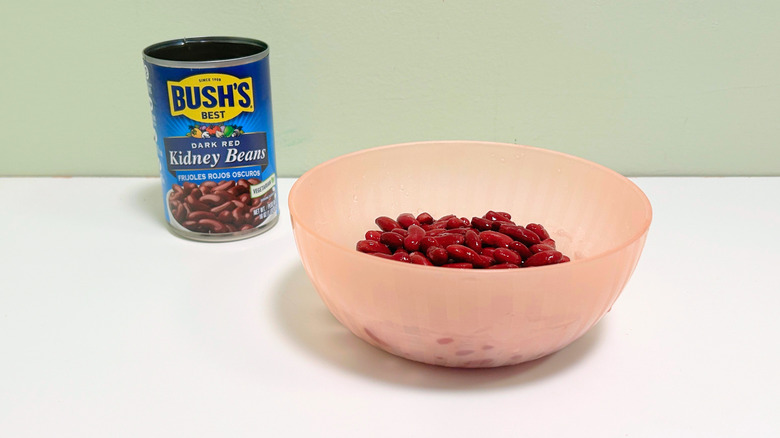 A can of Bush's Best Dark Red Kidney Beans next to a pink bowl of kidney beans