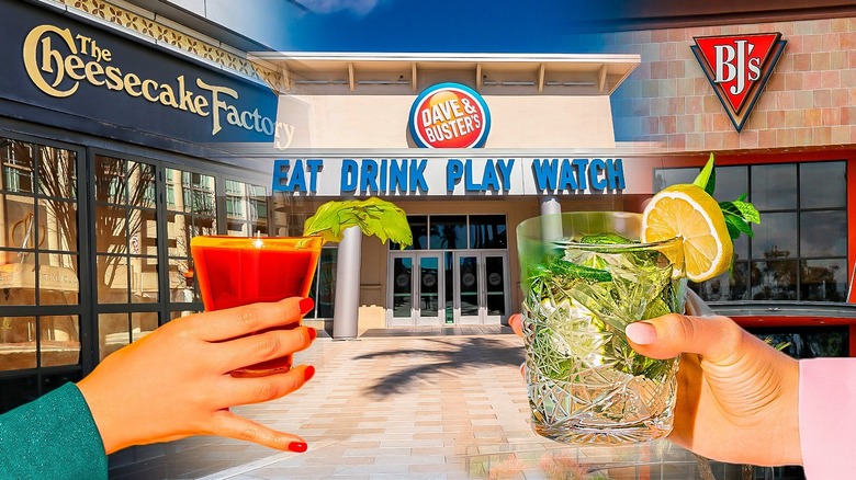 Restaurant chain facades with hands holding cocktails