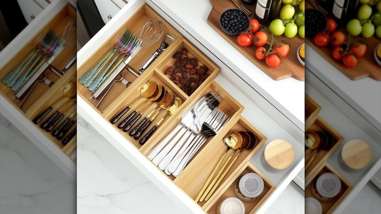 Bamboo five piece organizer set in drawer