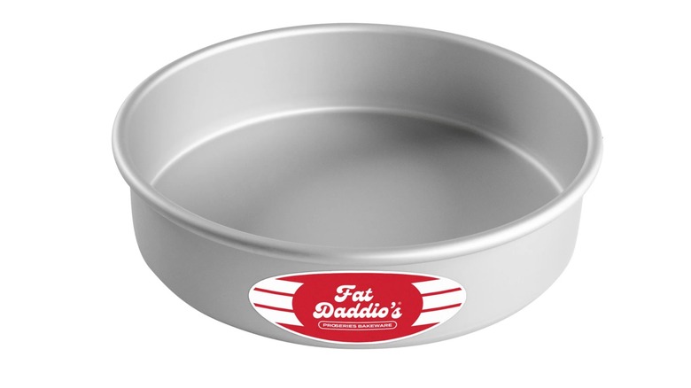 Fat Daddio's metal cake pan with a white background