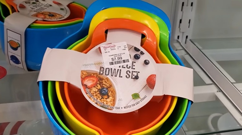 Multicolored mixing bowl set with HomeGoods price tag