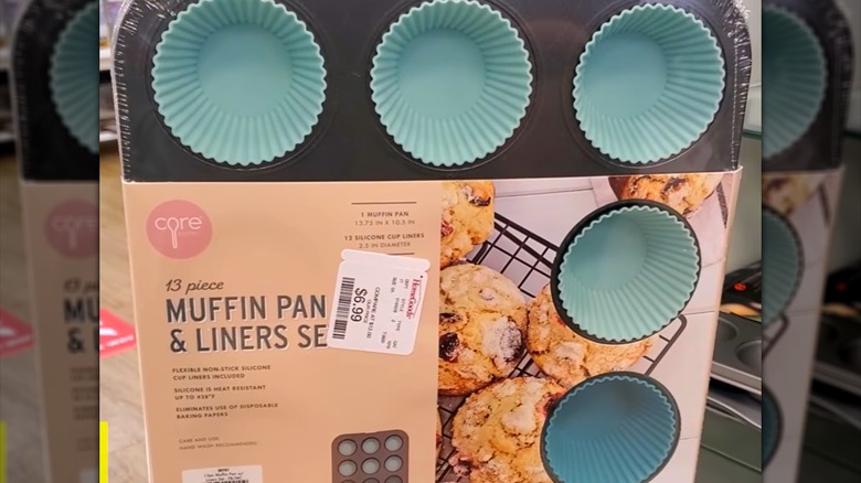 Muffin pan with light blue liners at a HomeGoods
