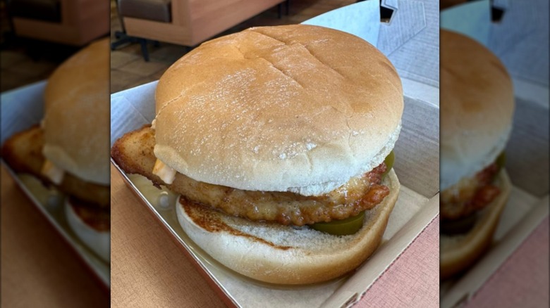 A sad-looking Honey Pepper Pimento chicken sandwich from Chick-fil-A in its box