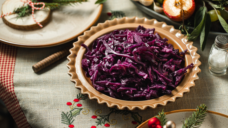 cooked red cabbage on table