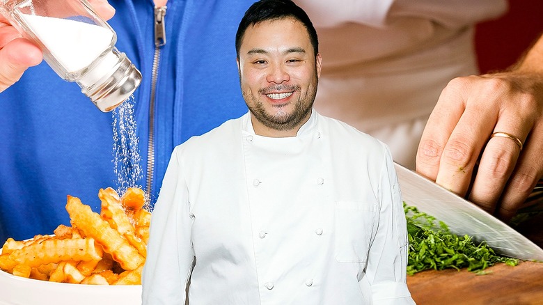 David Chang smiling and hands cooking