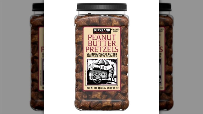 Peanut butter pretzels on white background