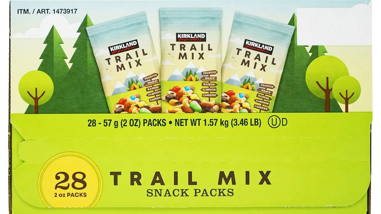 Trail mix snack packs on white background