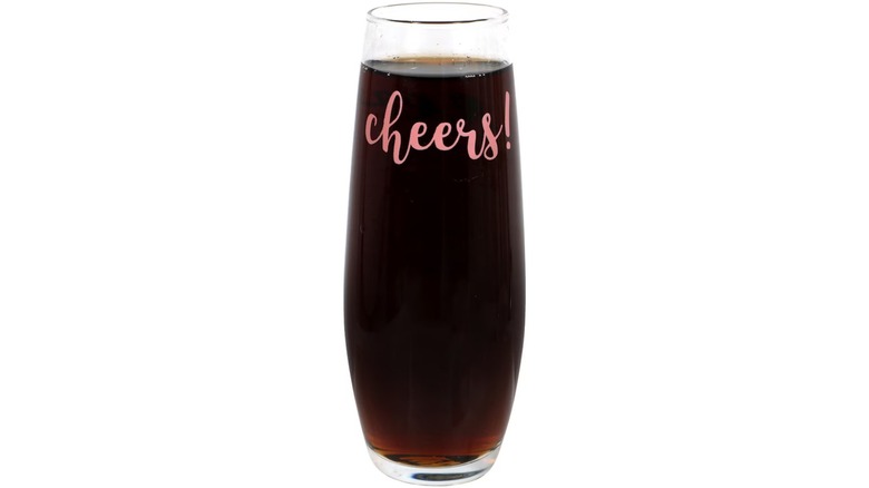 dollar tree stemles wine glasses that say "cheers!"