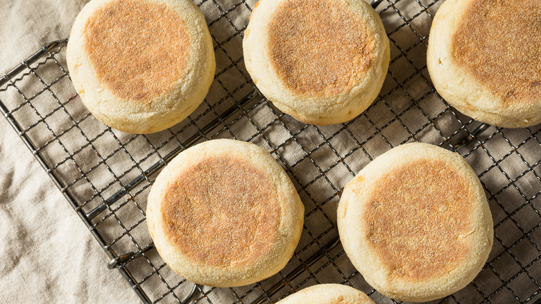 English muffins on wire rack