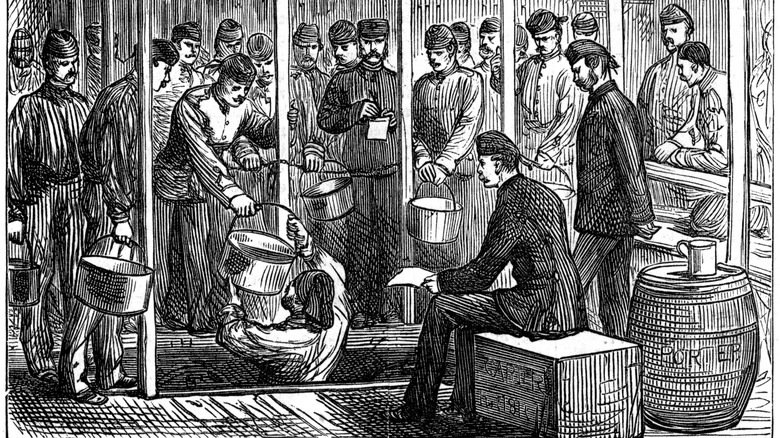 Vintage illustration of beer being distributed below deck on a ship