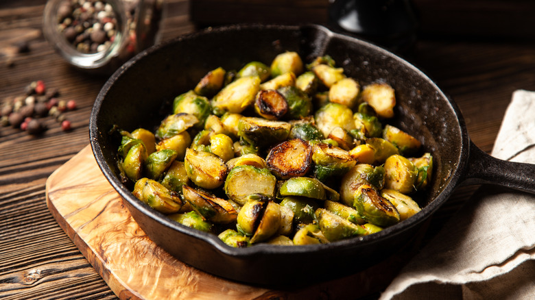 Roasted Brussels sprouts in pan