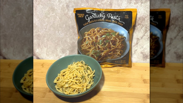 Trader Joe's Garlicky Pasta in bowl and bag
