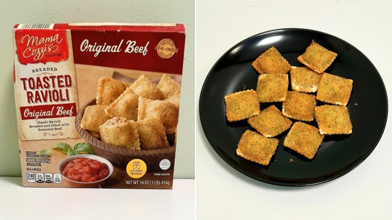 Box and plate of Mama Cozzi's Original Beef Toasted Ravioli