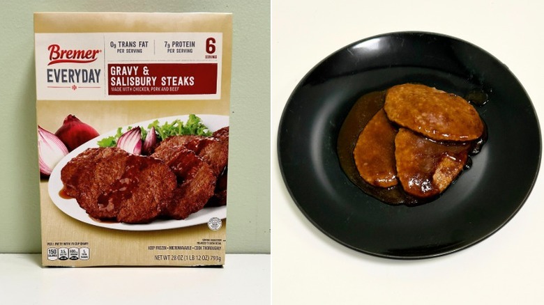 Box and plate of Bremer Everyday Gravy & Salisbury Steaks
