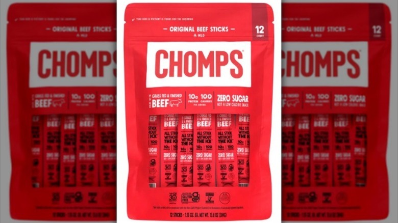 Bag of Chomps beef sticks on white background